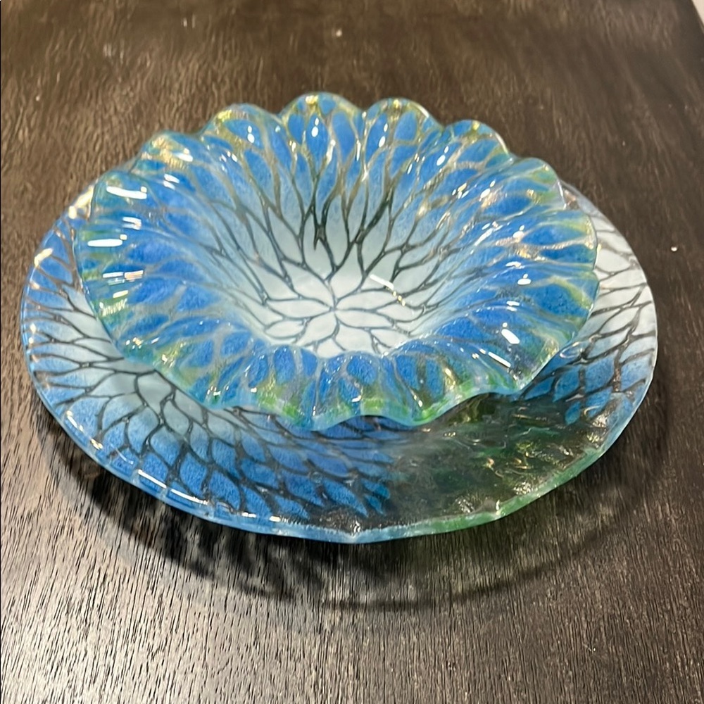 Floral Glass Bowl & Plate Setting - Blue & White